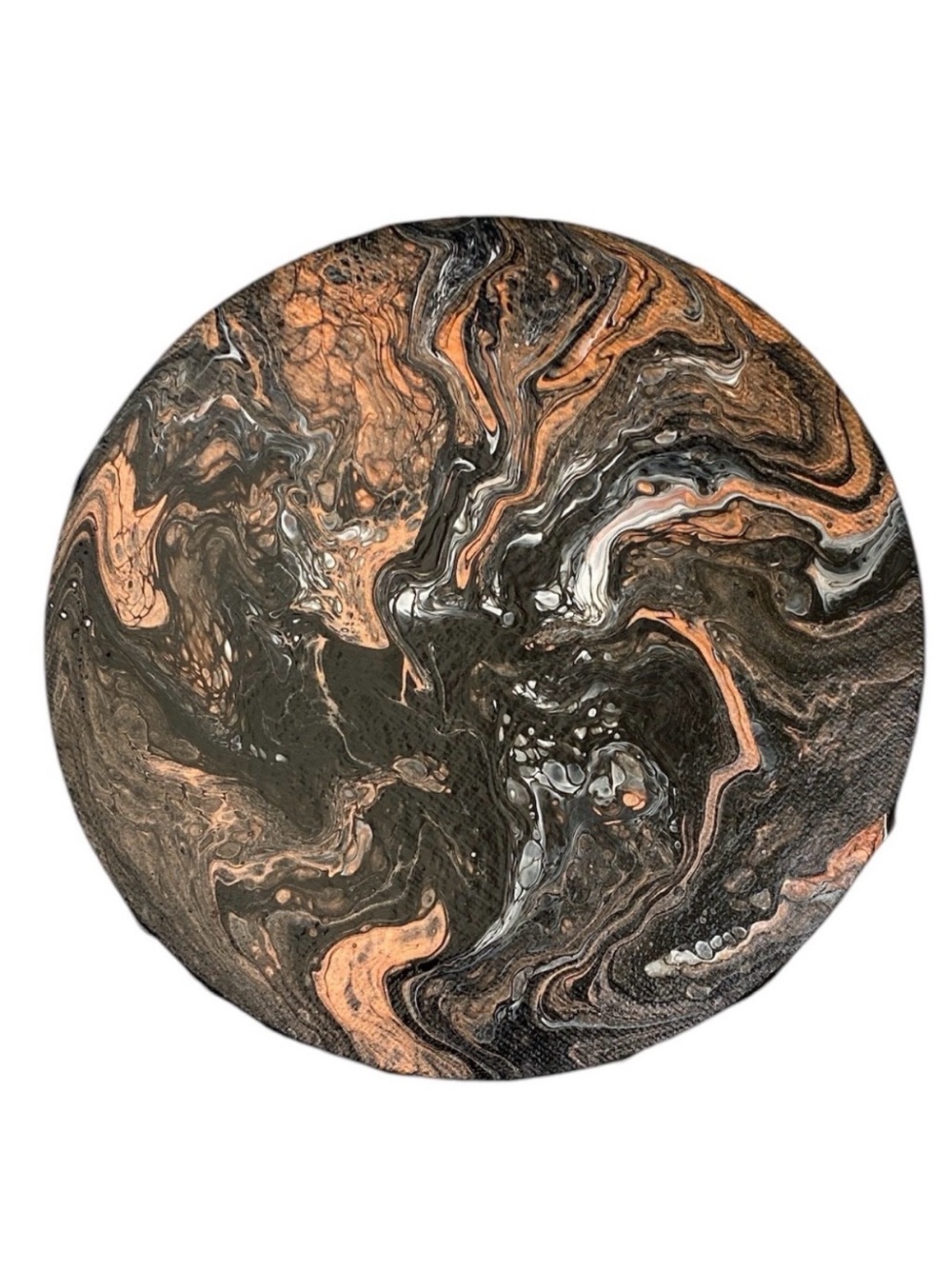 Hand Crafted Abstract Acrylic Pour Painting 6” Round Black Copper